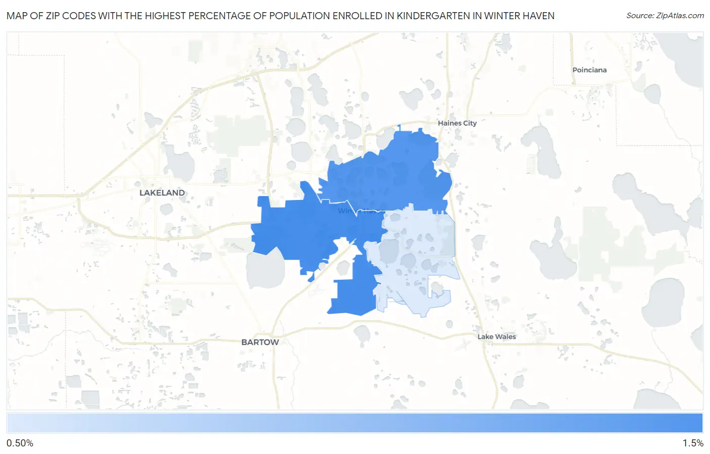 Zip Codes with the Highest Percentage of Population Enrolled in Kindergarten in Winter Haven Map