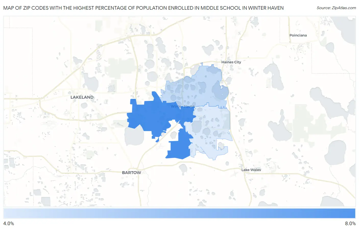 Zip Codes with the Highest Percentage of Population Enrolled in Middle School in Winter Haven Map