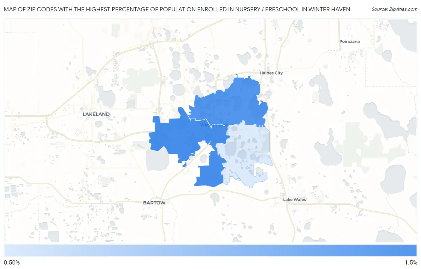 Zip Codes with the Highest Percentage of Population Enrolled in Nursery / Preschool in Winter Haven Map