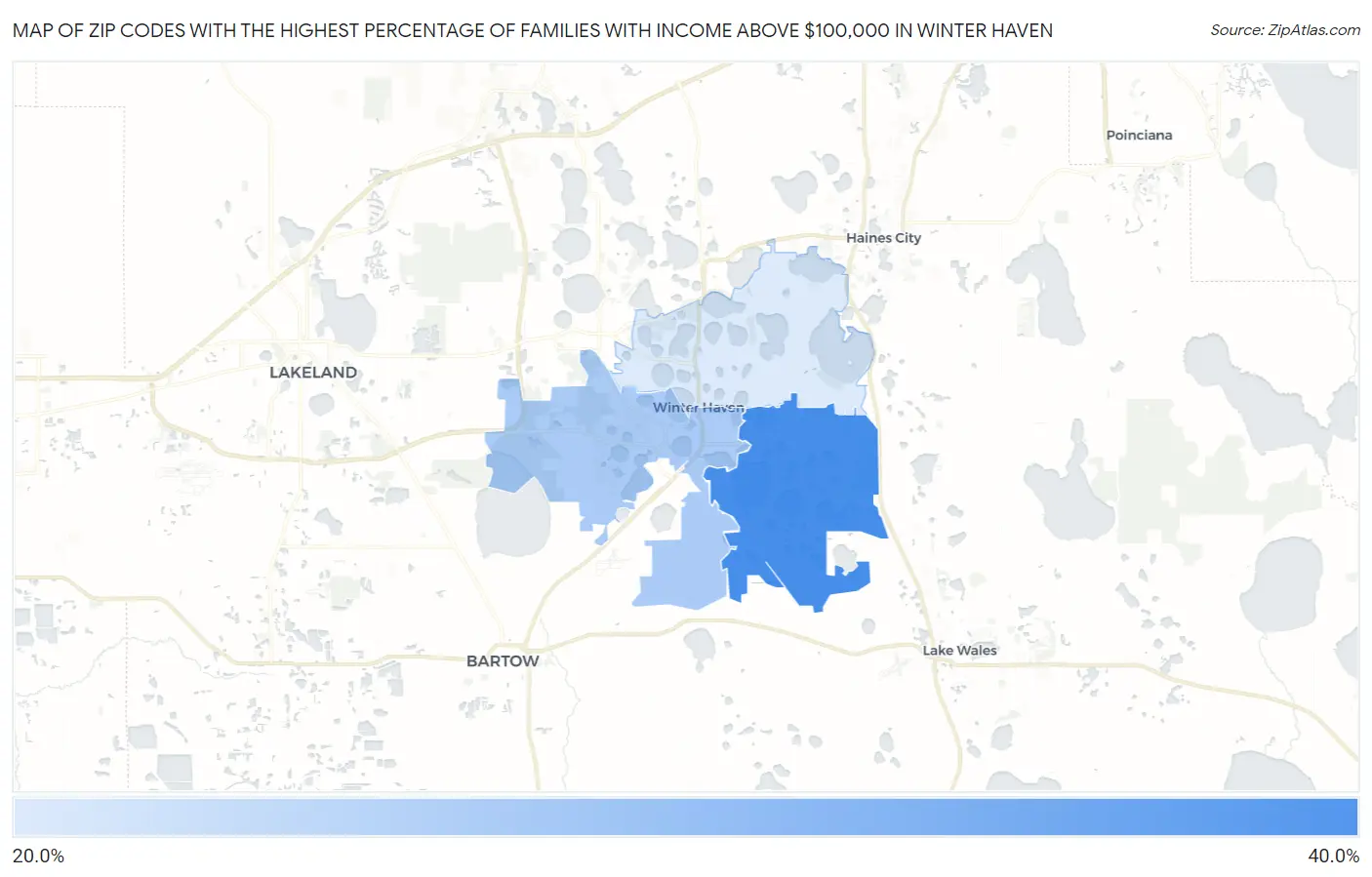 Zip Codes with the Highest Percentage of Families with Income Above $100,000 in Winter Haven Map
