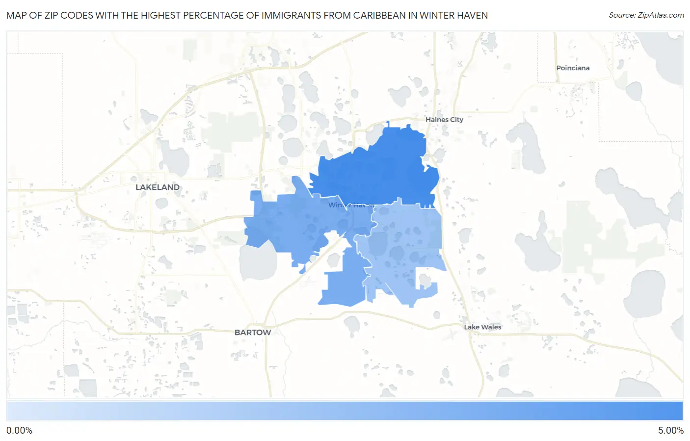 Zip Codes with the Highest Percentage of Immigrants from Caribbean in Winter Haven Map