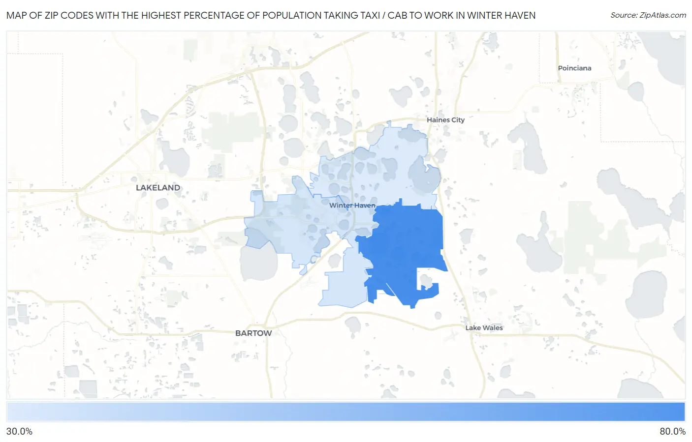 Zip Codes with the Highest Percentage of Population Taking Taxi / Cab to Work in Winter Haven Map
