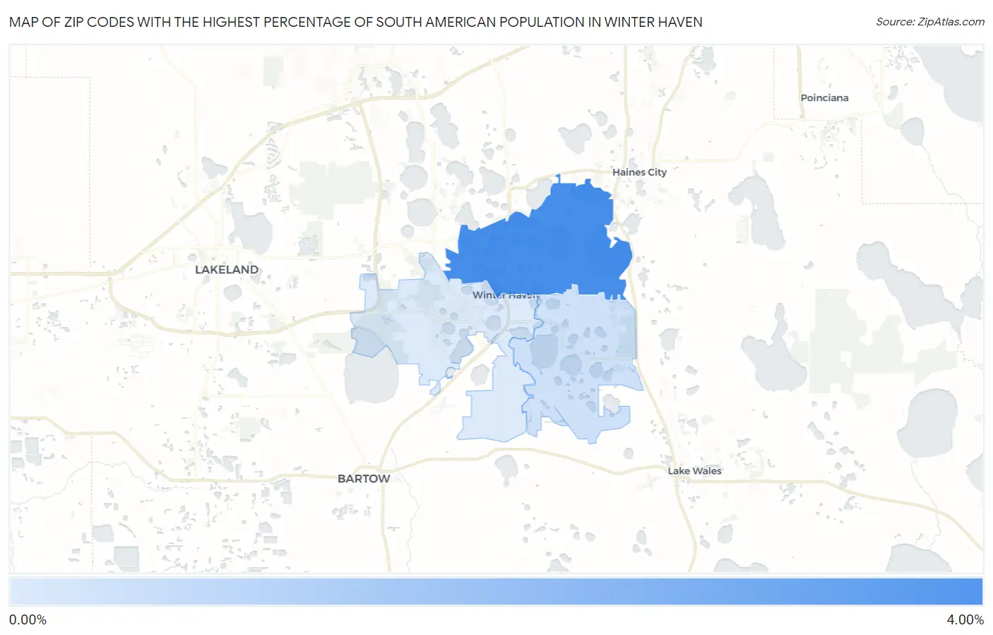 Zip Codes with the Highest Percentage of South American Population in Winter Haven Map