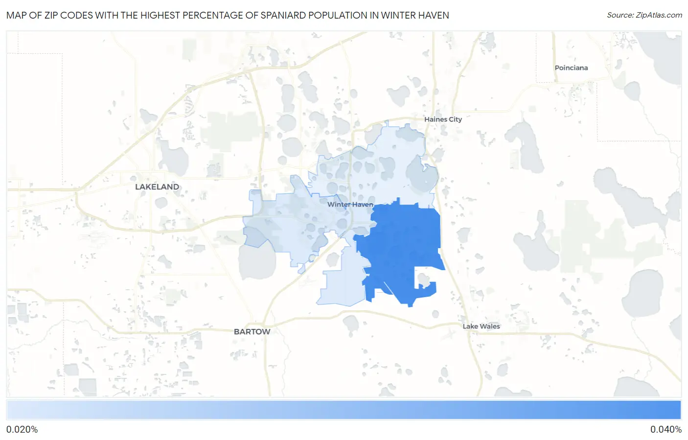 Zip Codes with the Highest Percentage of Spaniard Population in Winter Haven Map
