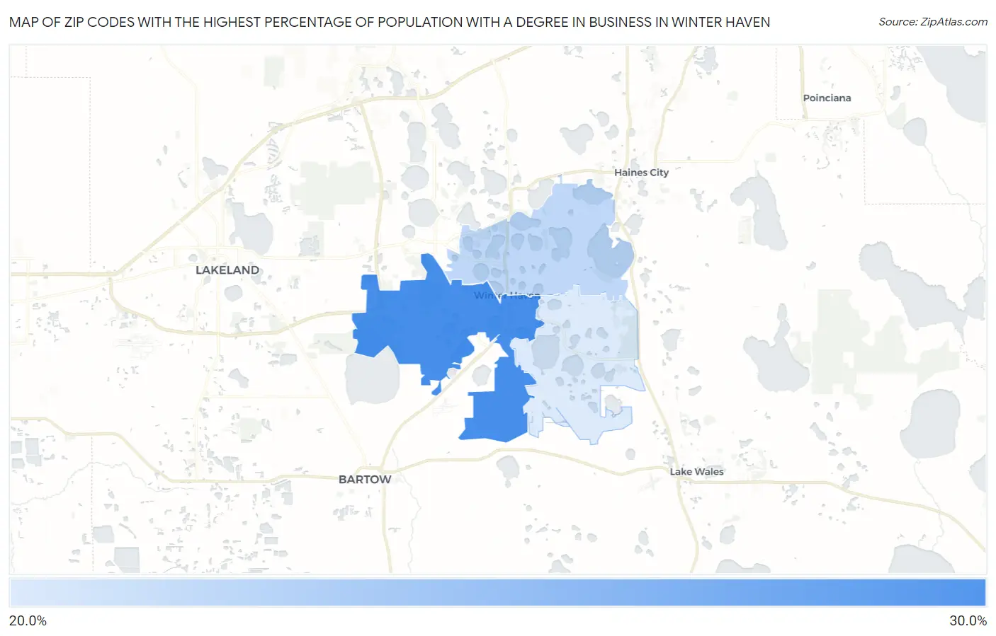 Zip Codes with the Highest Percentage of Population with a Degree in Business in Winter Haven Map