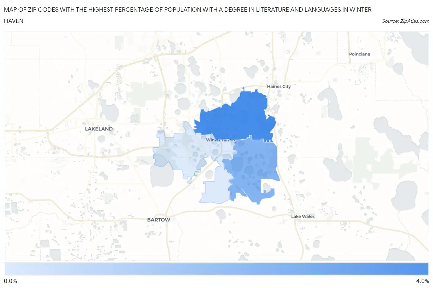 Zip Codes with the Highest Percentage of Population with a Degree in Literature and Languages in Winter Haven Map