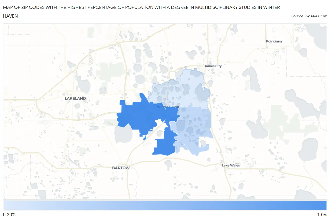Zip Codes with the Highest Percentage of Population with a Degree in Multidisciplinary Studies in Winter Haven Map
