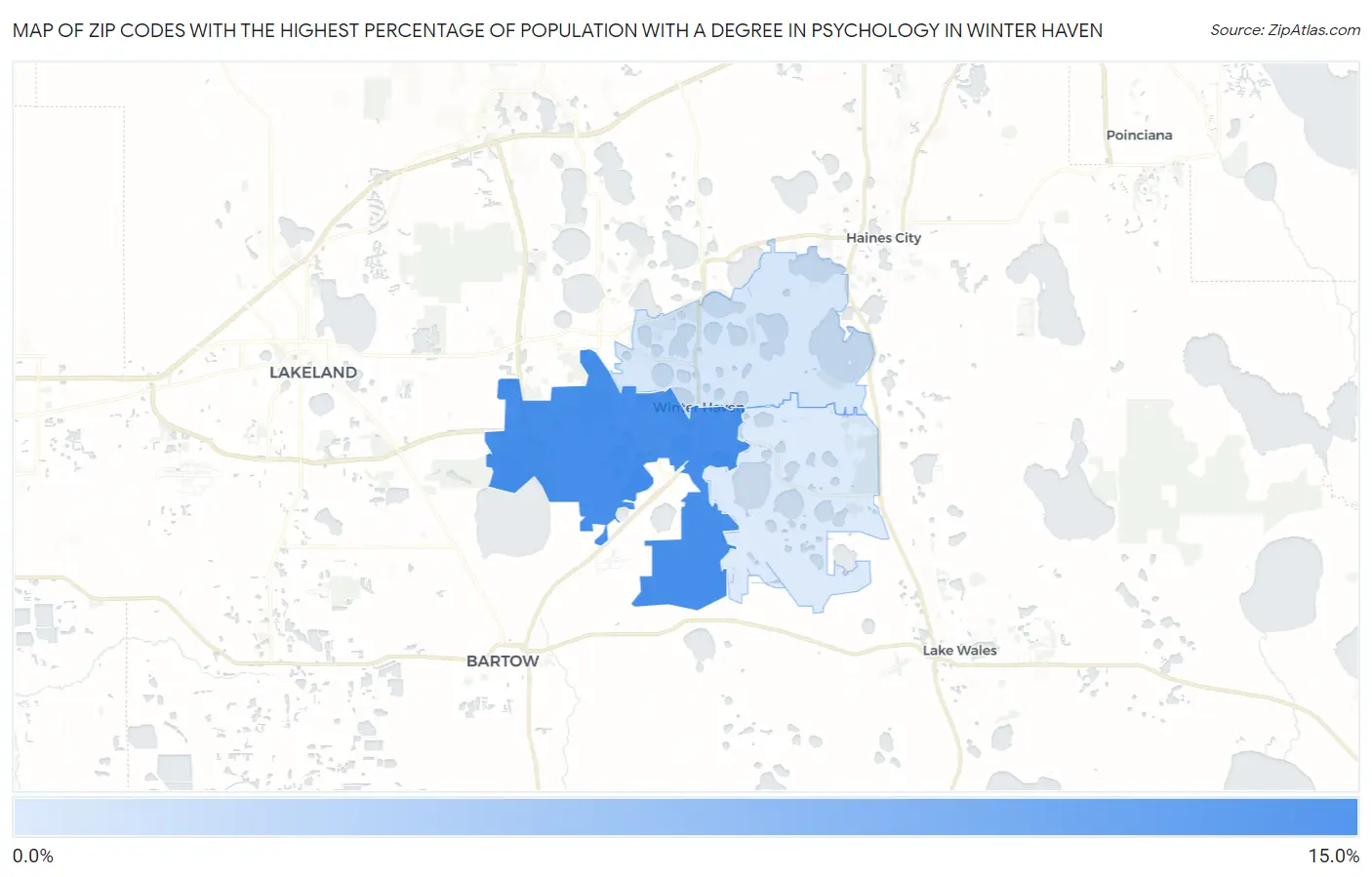 Zip Codes with the Highest Percentage of Population with a Degree in Psychology in Winter Haven Map