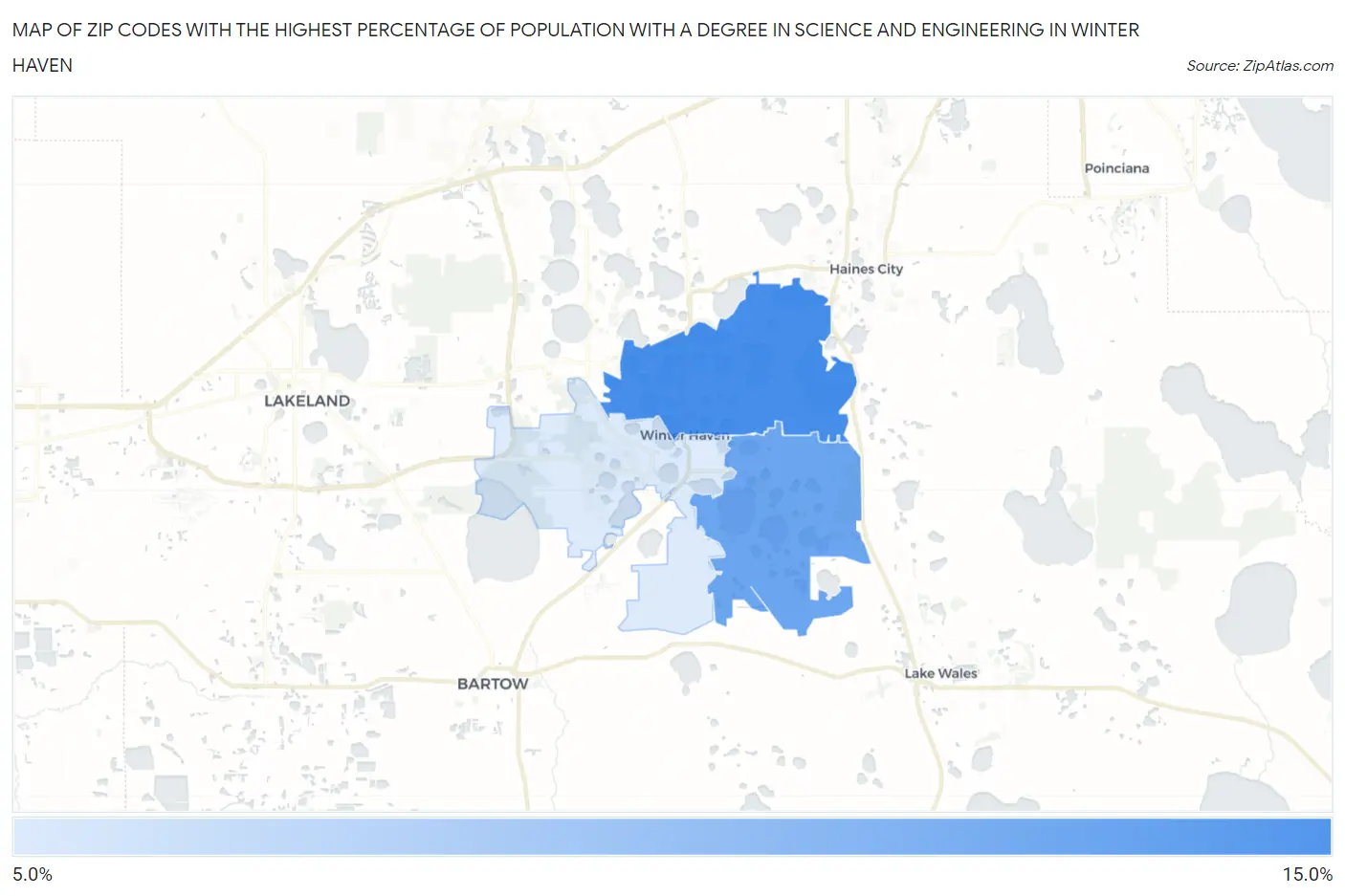 Zip Codes with the Highest Percentage of Population with a Degree in Science and Engineering in Winter Haven Map