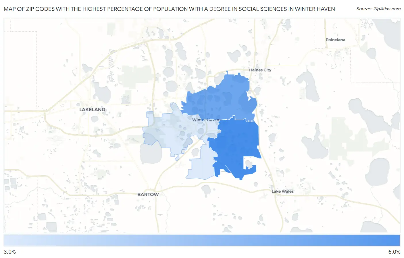Zip Codes with the Highest Percentage of Population with a Degree in Social Sciences in Winter Haven Map