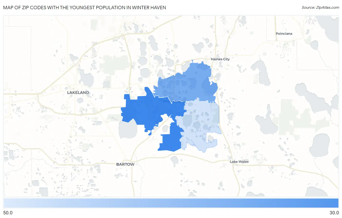 Zip Codes with the Youngest Population in Winter Haven Map