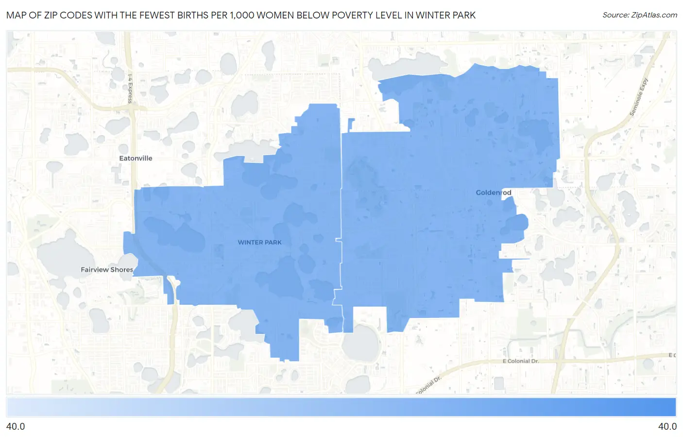 Zip Codes with the Fewest Births per 1,000 Women Below Poverty Level in Winter Park Map