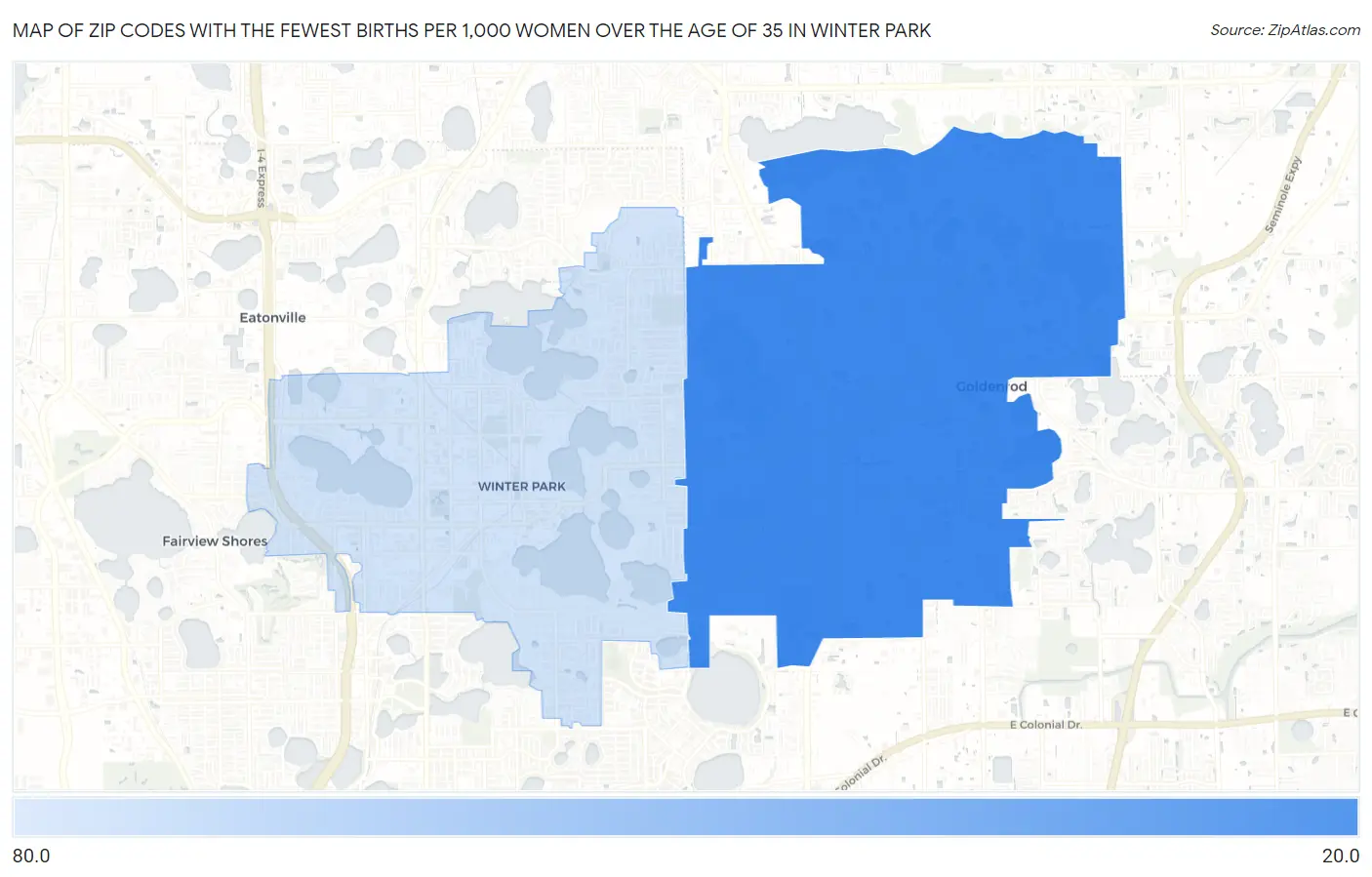 Zip Codes with the Fewest Births per 1,000 Women Over the Age of 35 in Winter Park Map