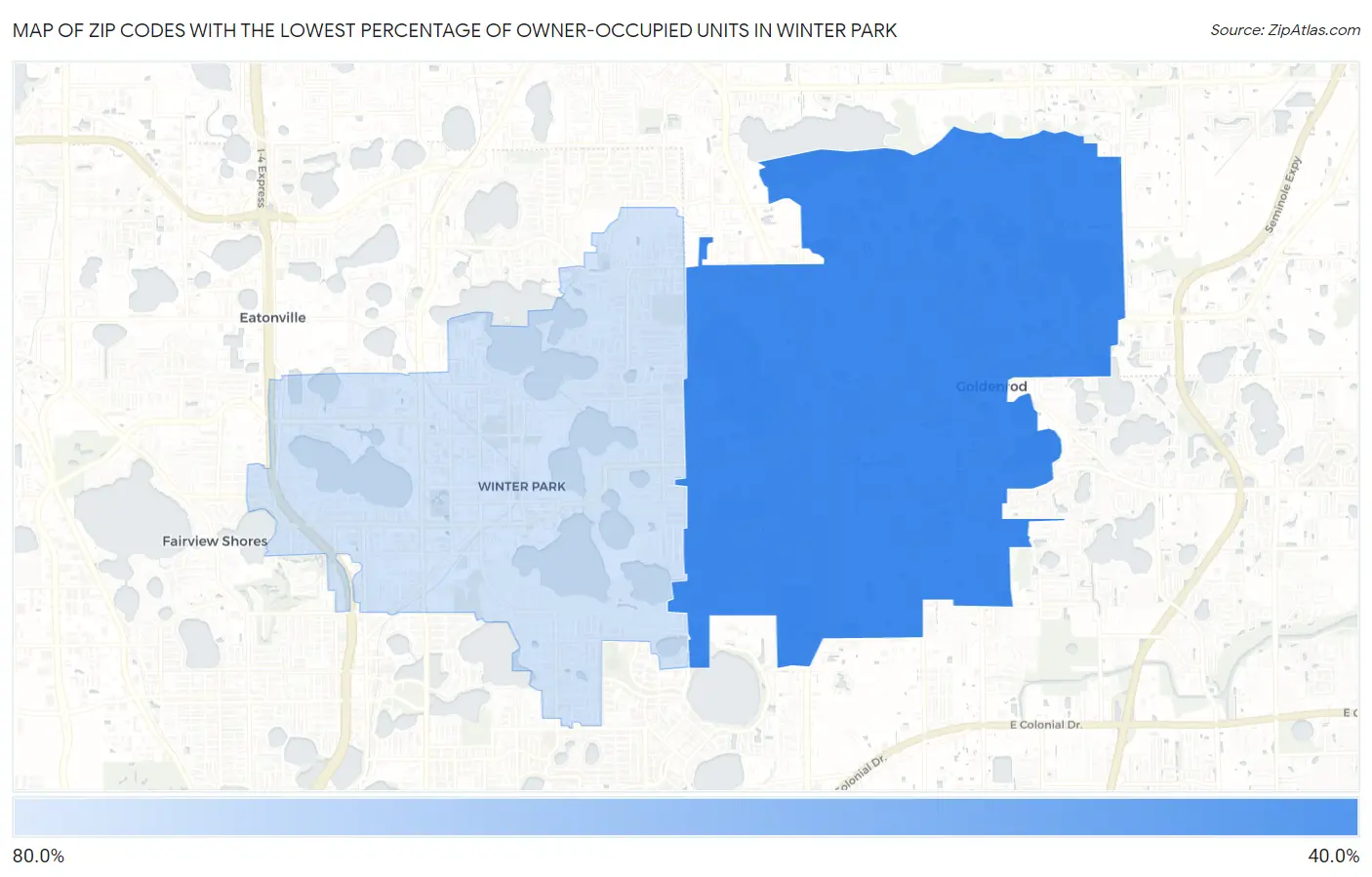 Zip Codes with the Lowest Percentage of Owner-Occupied Units in Winter Park Map