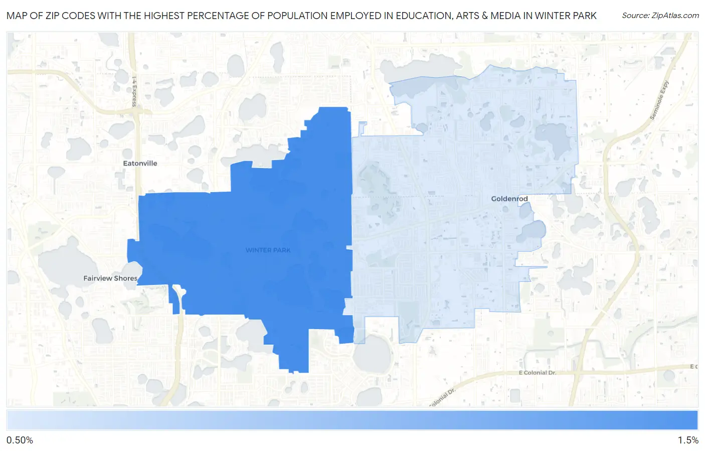 Zip Codes with the Highest Percentage of Population Employed in Education, Arts & Media in Winter Park Map