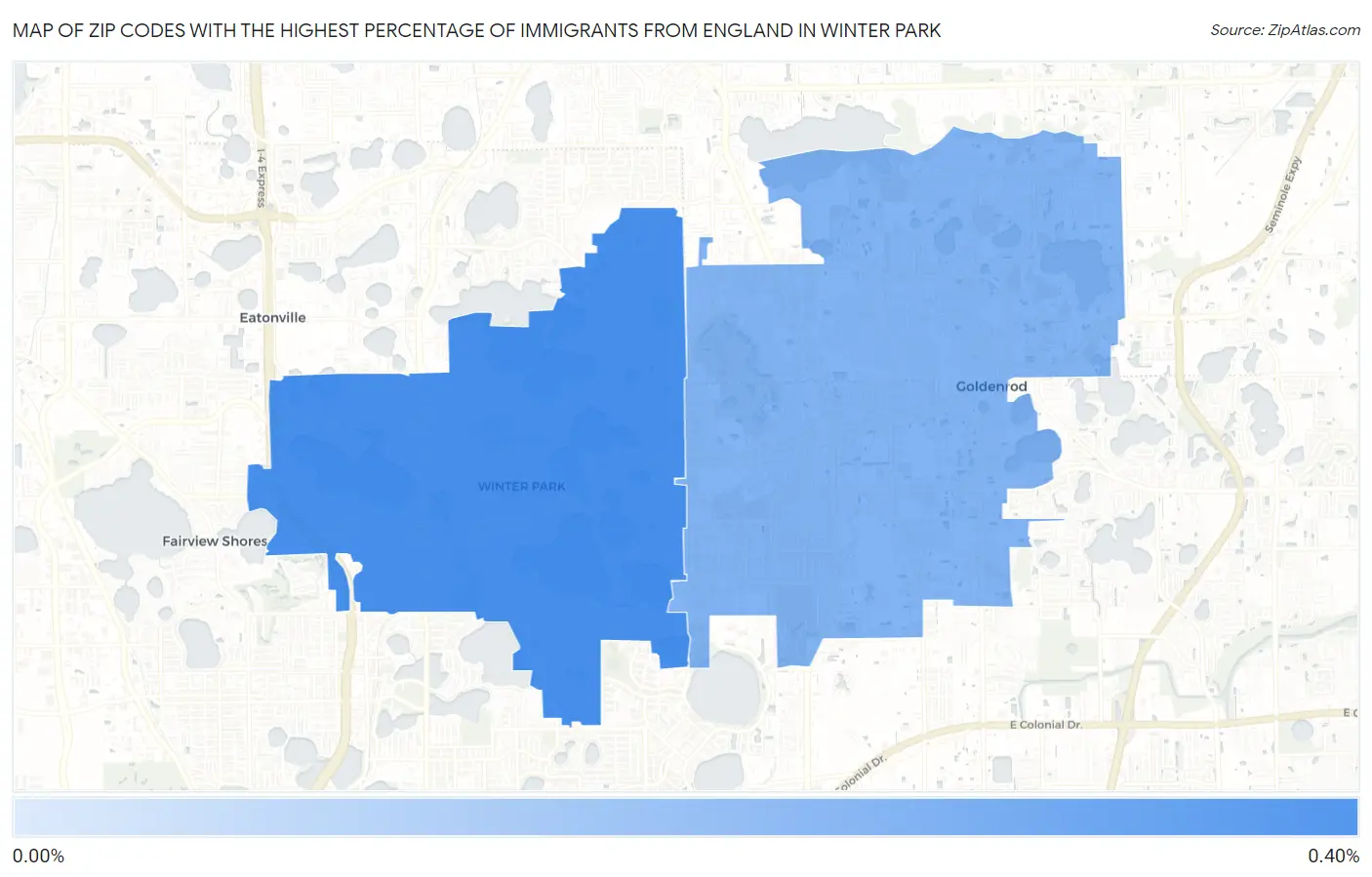 Zip Codes with the Highest Percentage of Immigrants from England in Winter Park Map