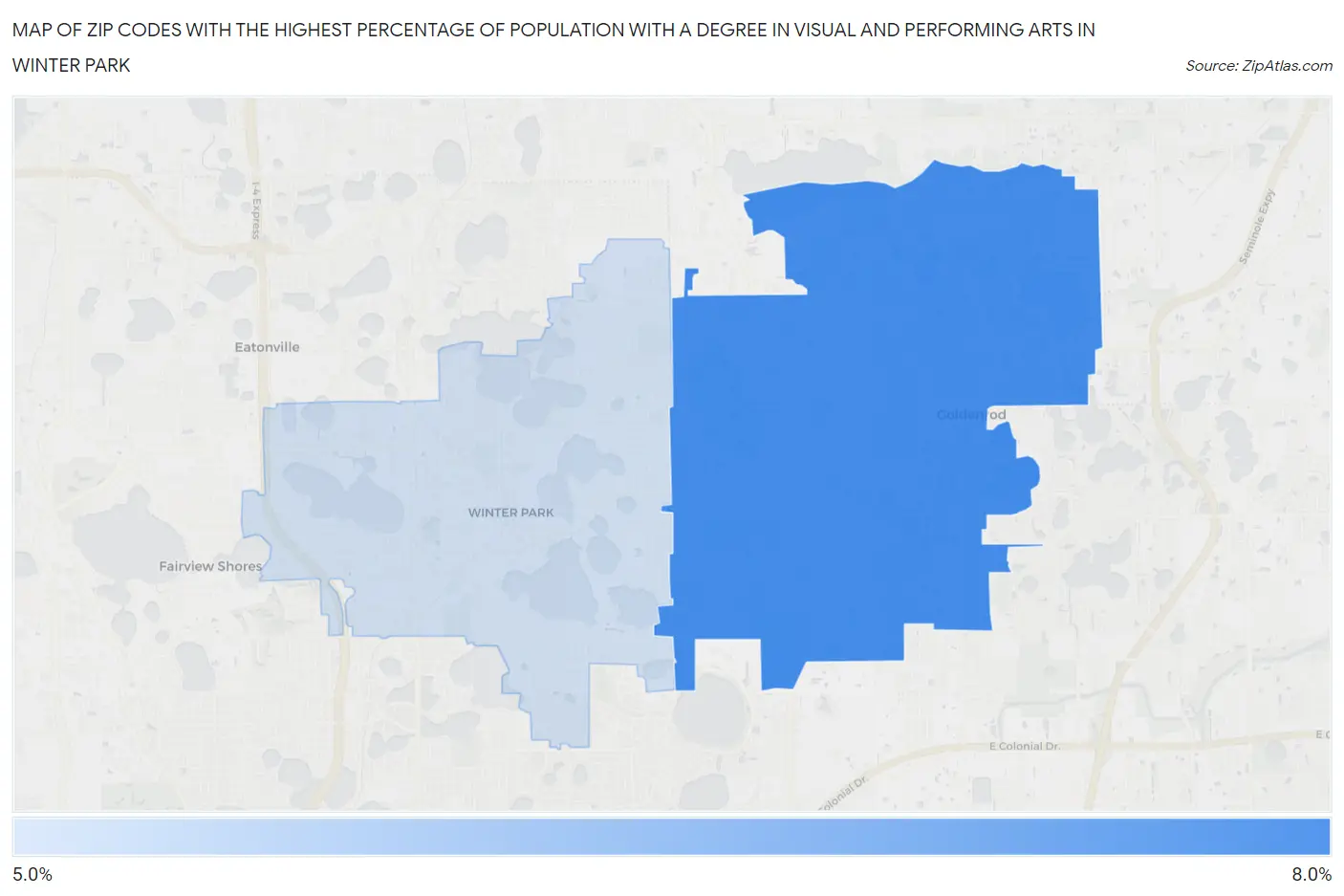 Zip Codes with the Highest Percentage of Population with a Degree in Visual and Performing Arts in Winter Park Map