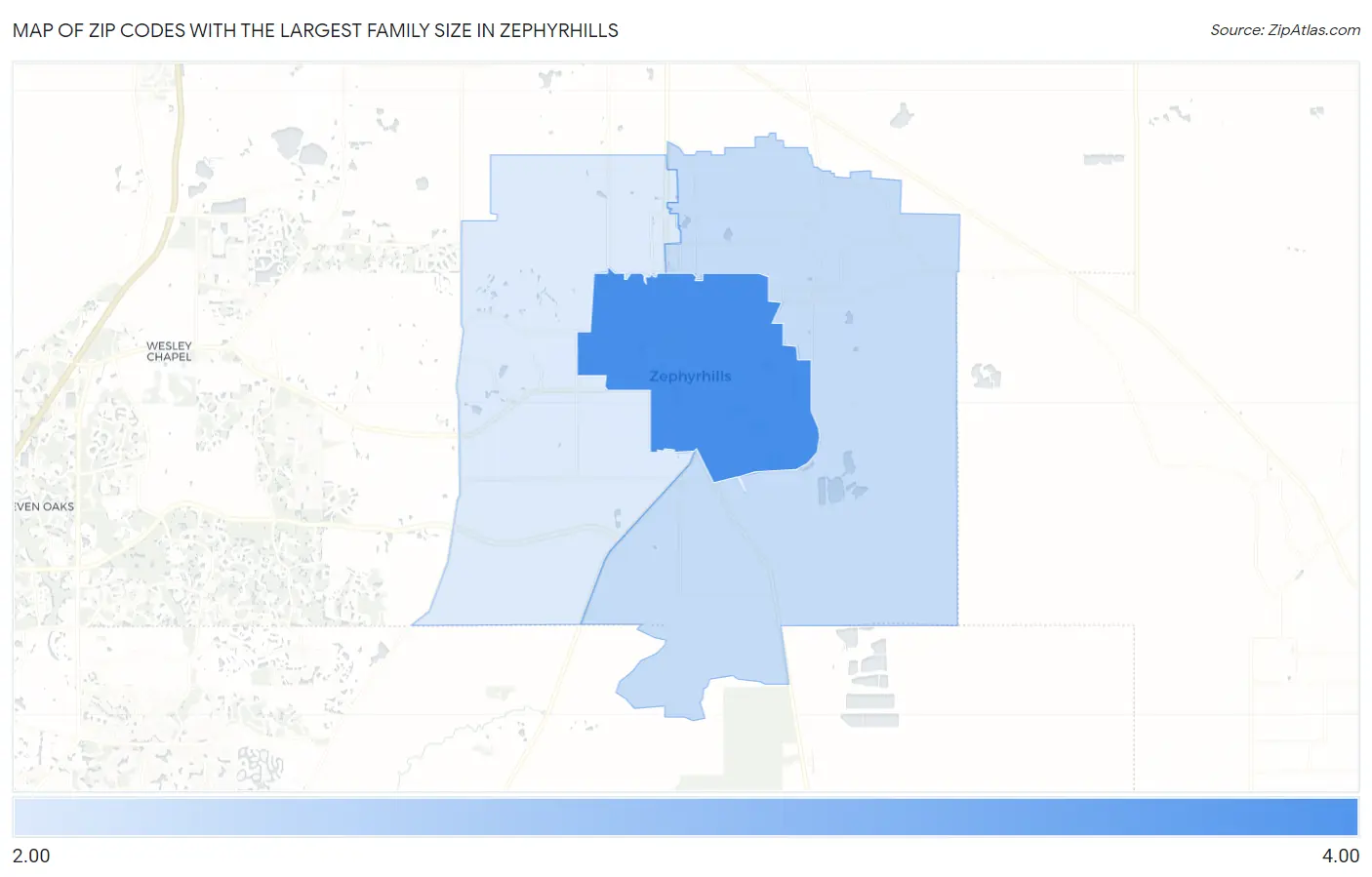 Zip Codes with the Largest Family Size in Zephyrhills Map