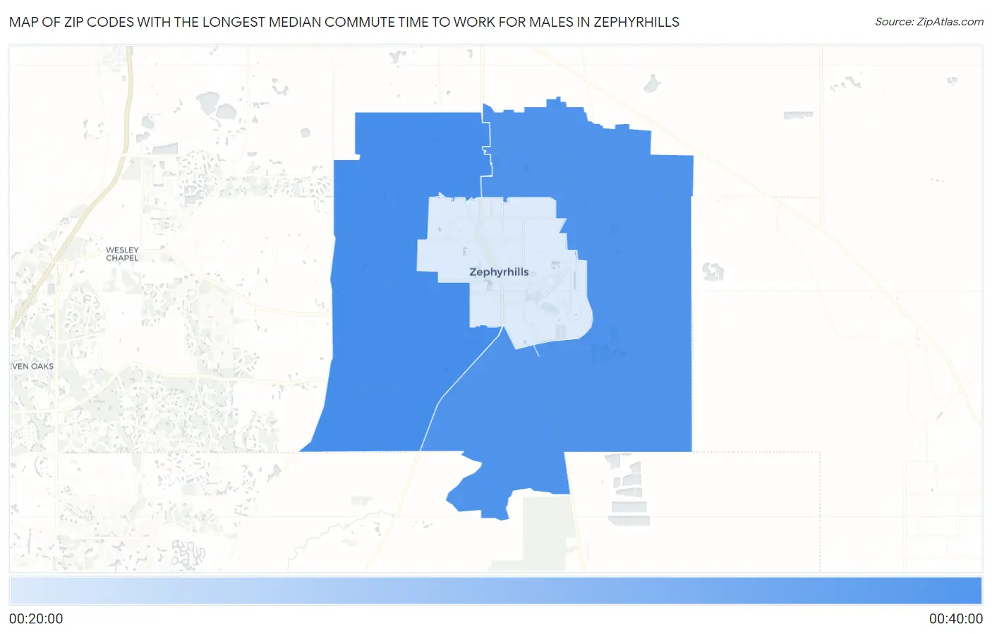 Zip Codes with the Longest Median Commute Time to Work for Males in Zephyrhills Map
