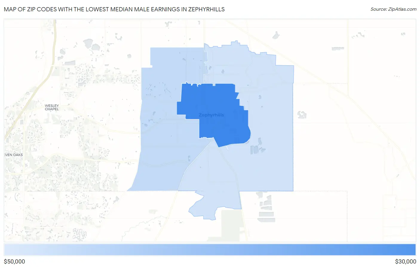 Zip Codes with the Lowest Median Male Earnings in Zephyrhills Map