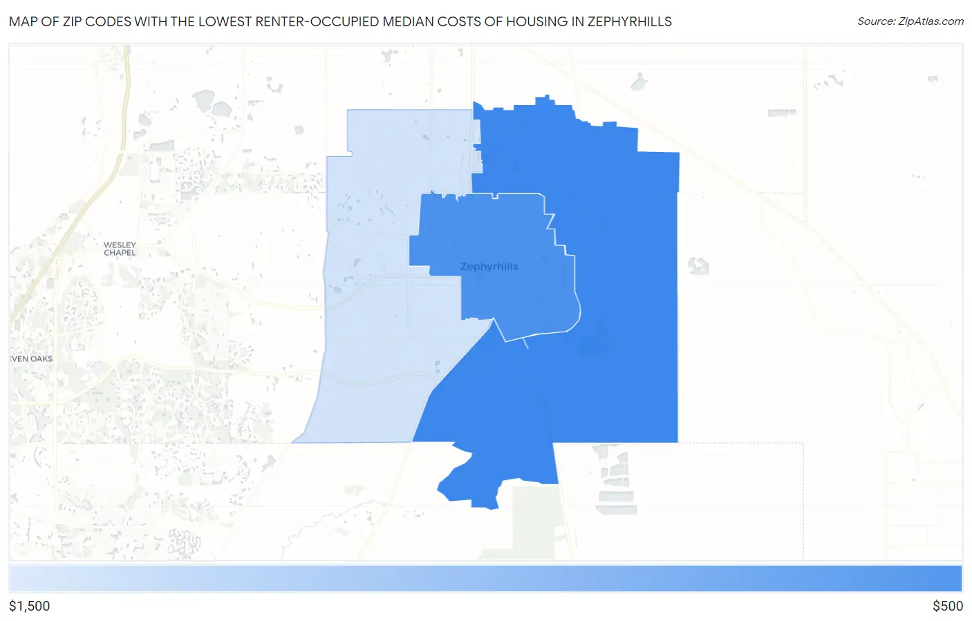 Zip Codes with the Lowest Renter-Occupied Median Costs of Housing in Zephyrhills Map