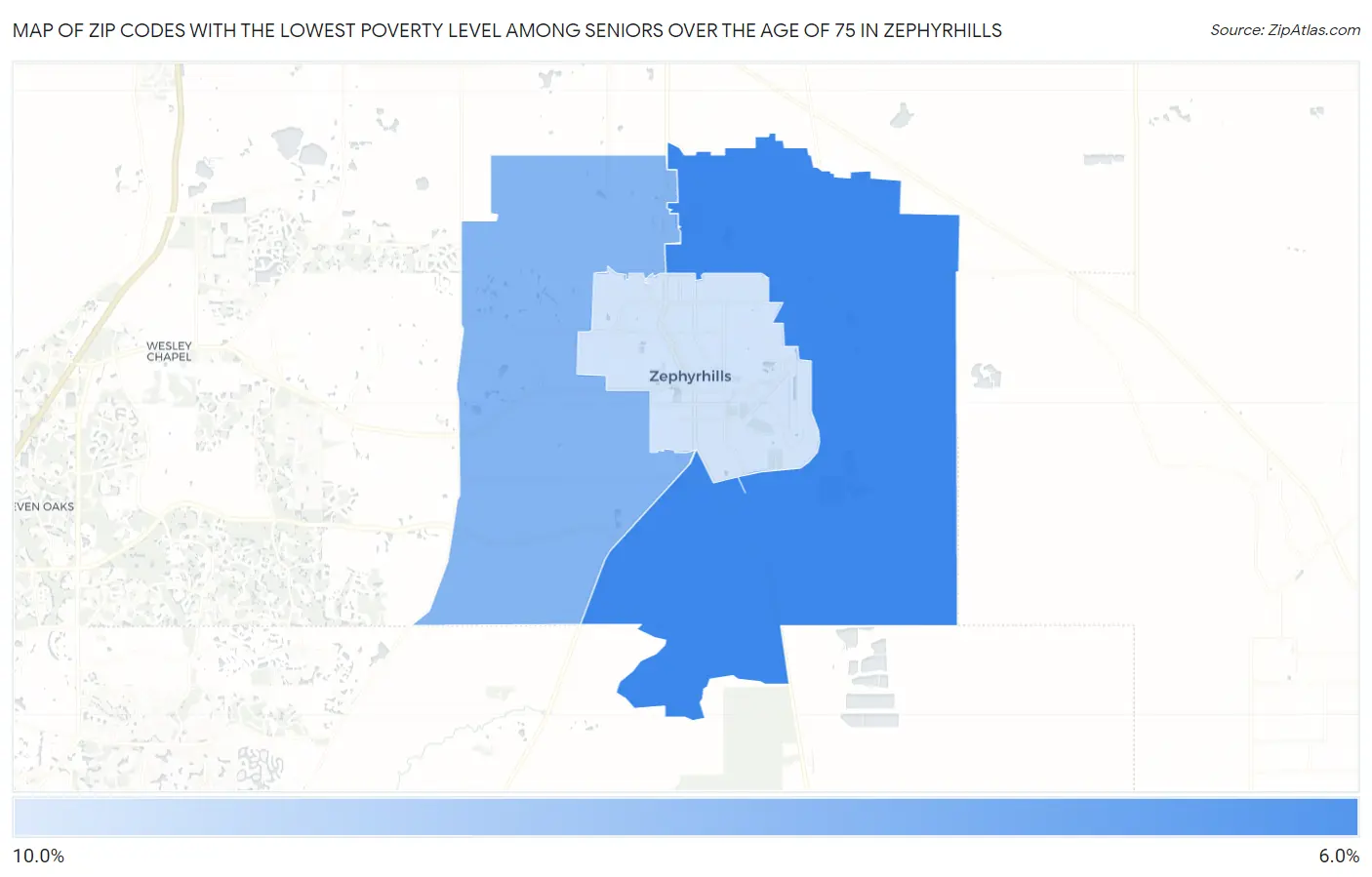 Zip Codes with the Lowest Poverty Level Among Seniors Over the Age of 75 in Zephyrhills Map