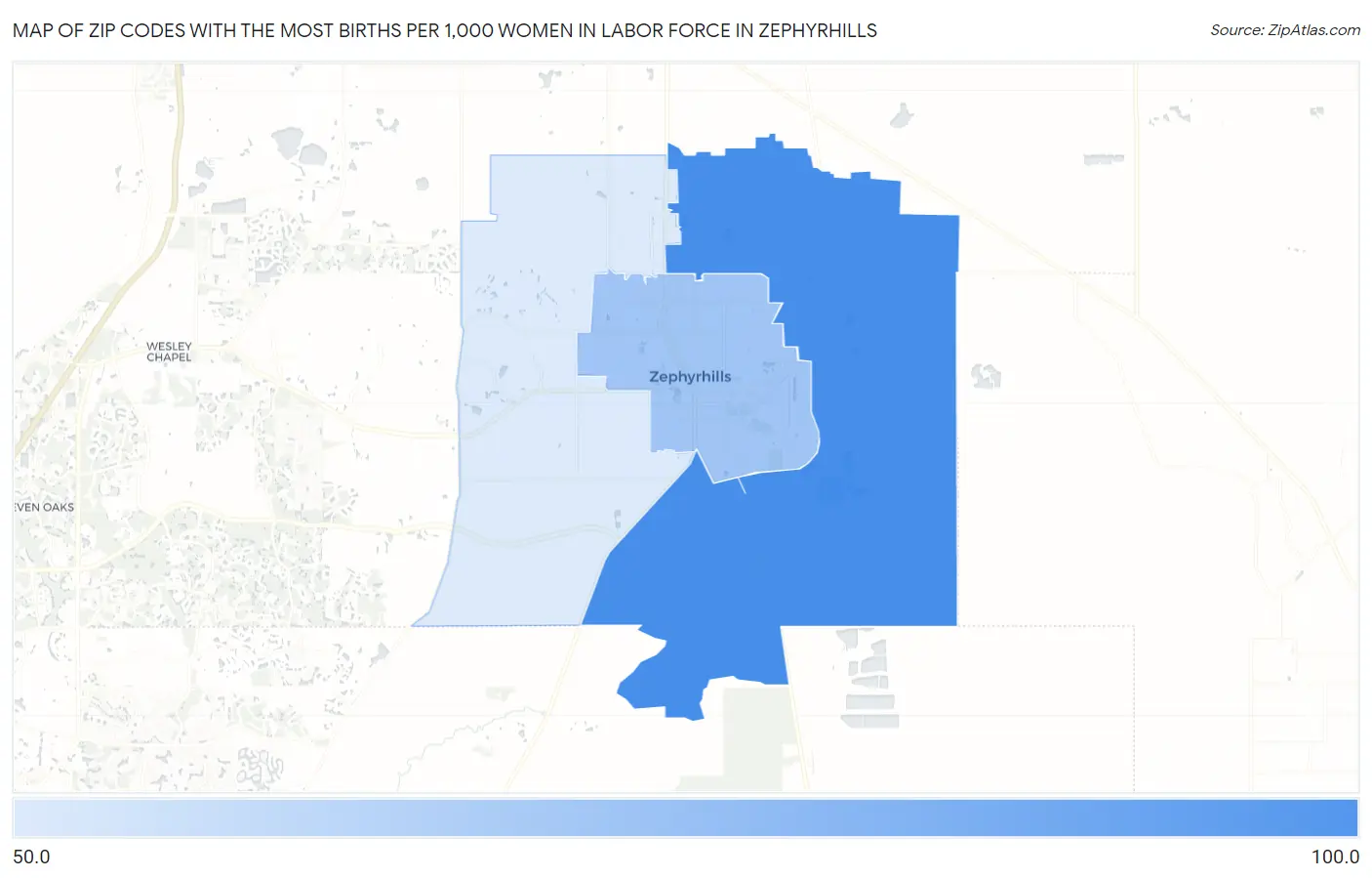 Zip Codes with the Most Births per 1,000 Women in Labor Force in Zephyrhills Map