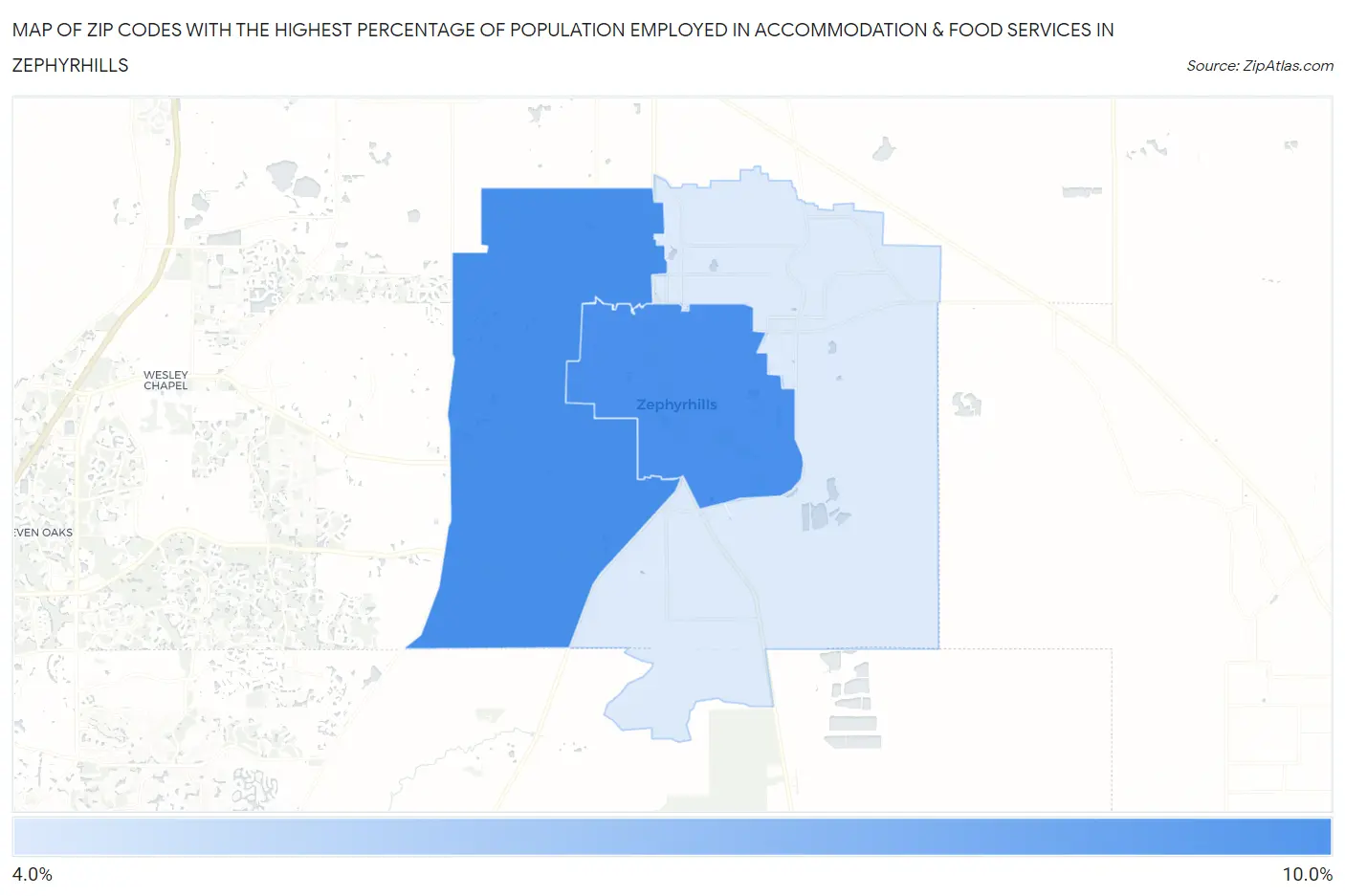 Zip Codes with the Highest Percentage of Population Employed in Accommodation & Food Services in Zephyrhills Map