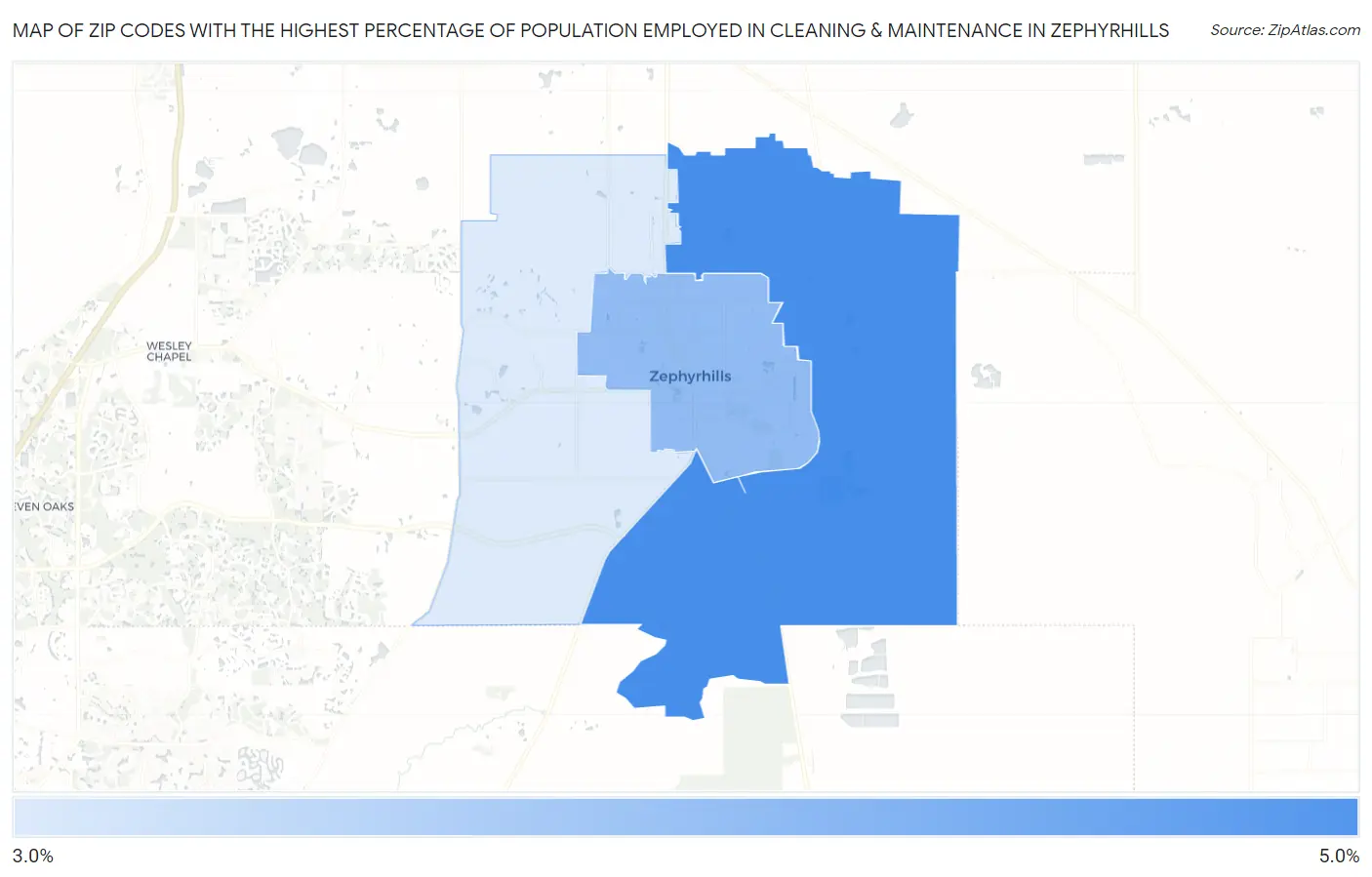 Zip Codes with the Highest Percentage of Population Employed in Cleaning & Maintenance in Zephyrhills Map
