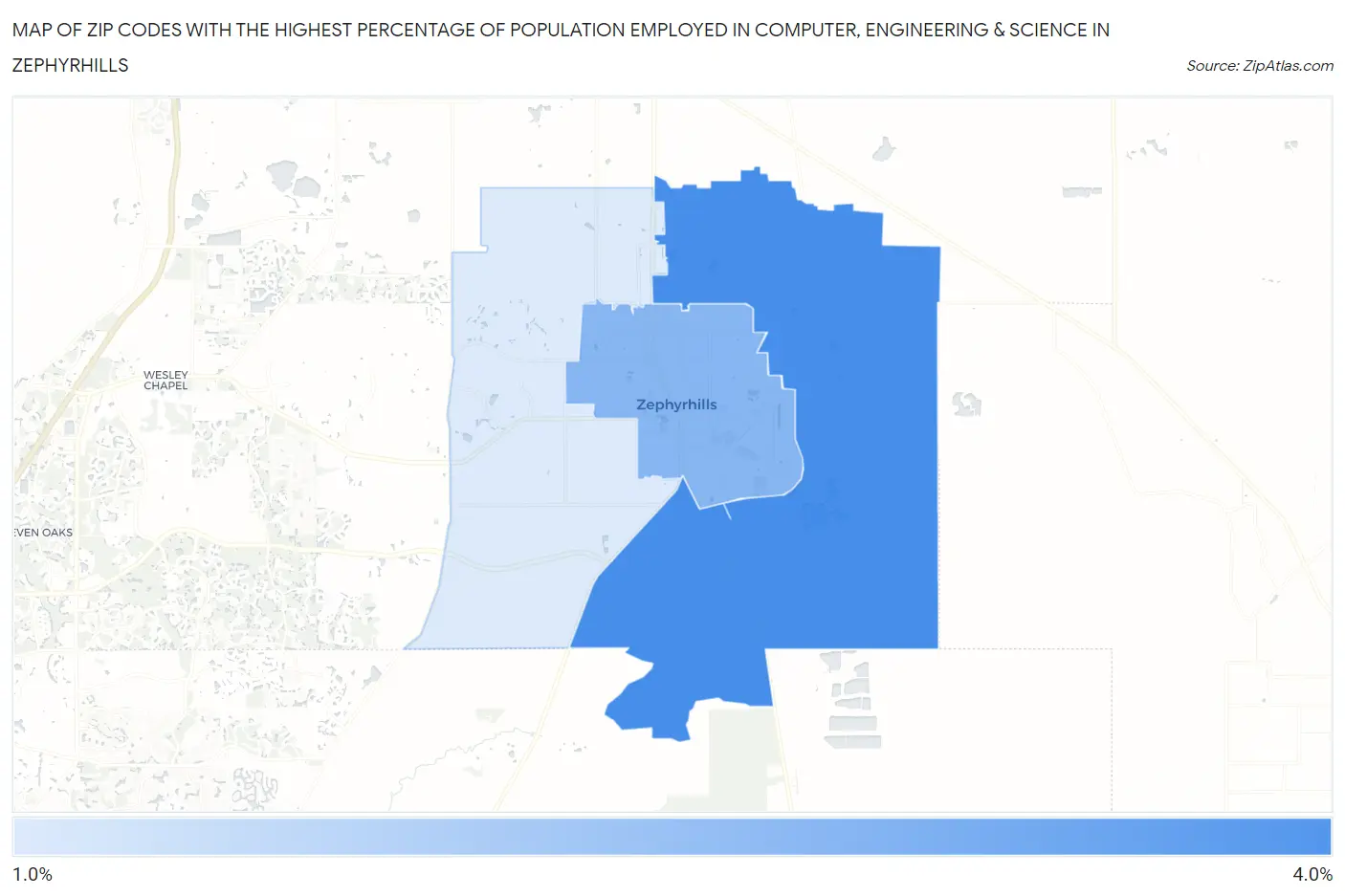 Zip Codes with the Highest Percentage of Population Employed in Computer, Engineering & Science in Zephyrhills Map