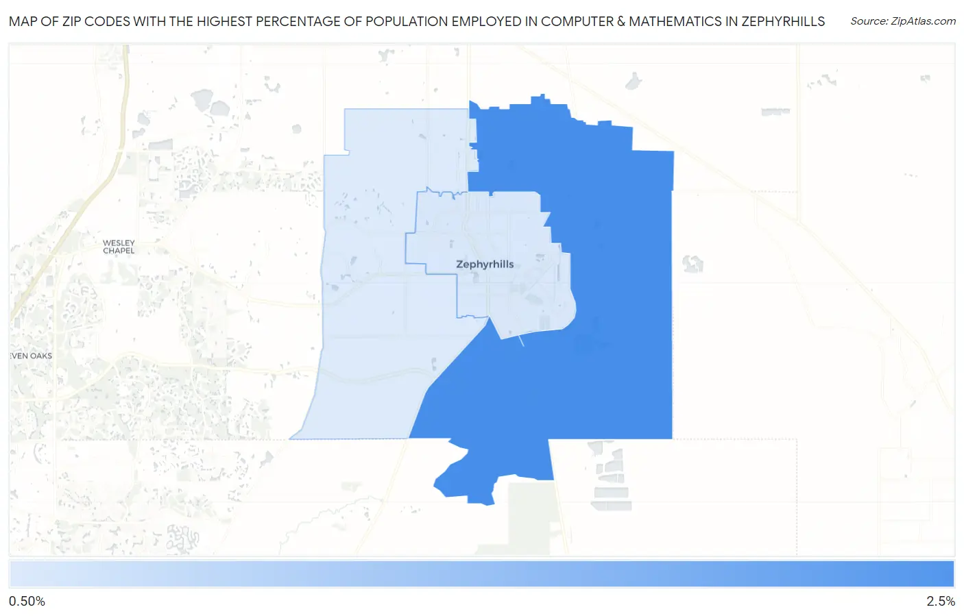 Zip Codes with the Highest Percentage of Population Employed in Computer & Mathematics in Zephyrhills Map