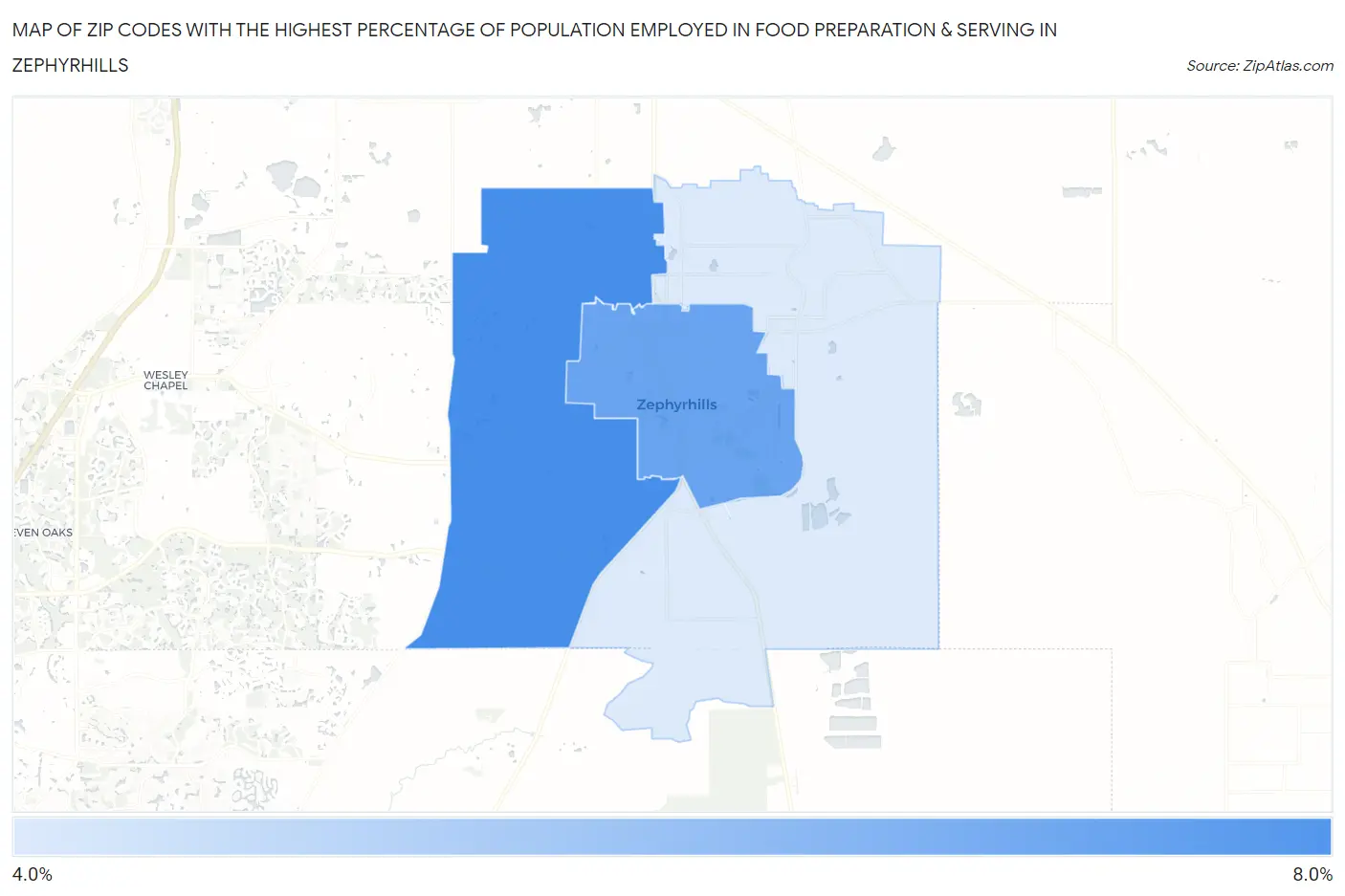 Zip Codes with the Highest Percentage of Population Employed in Food Preparation & Serving in Zephyrhills Map