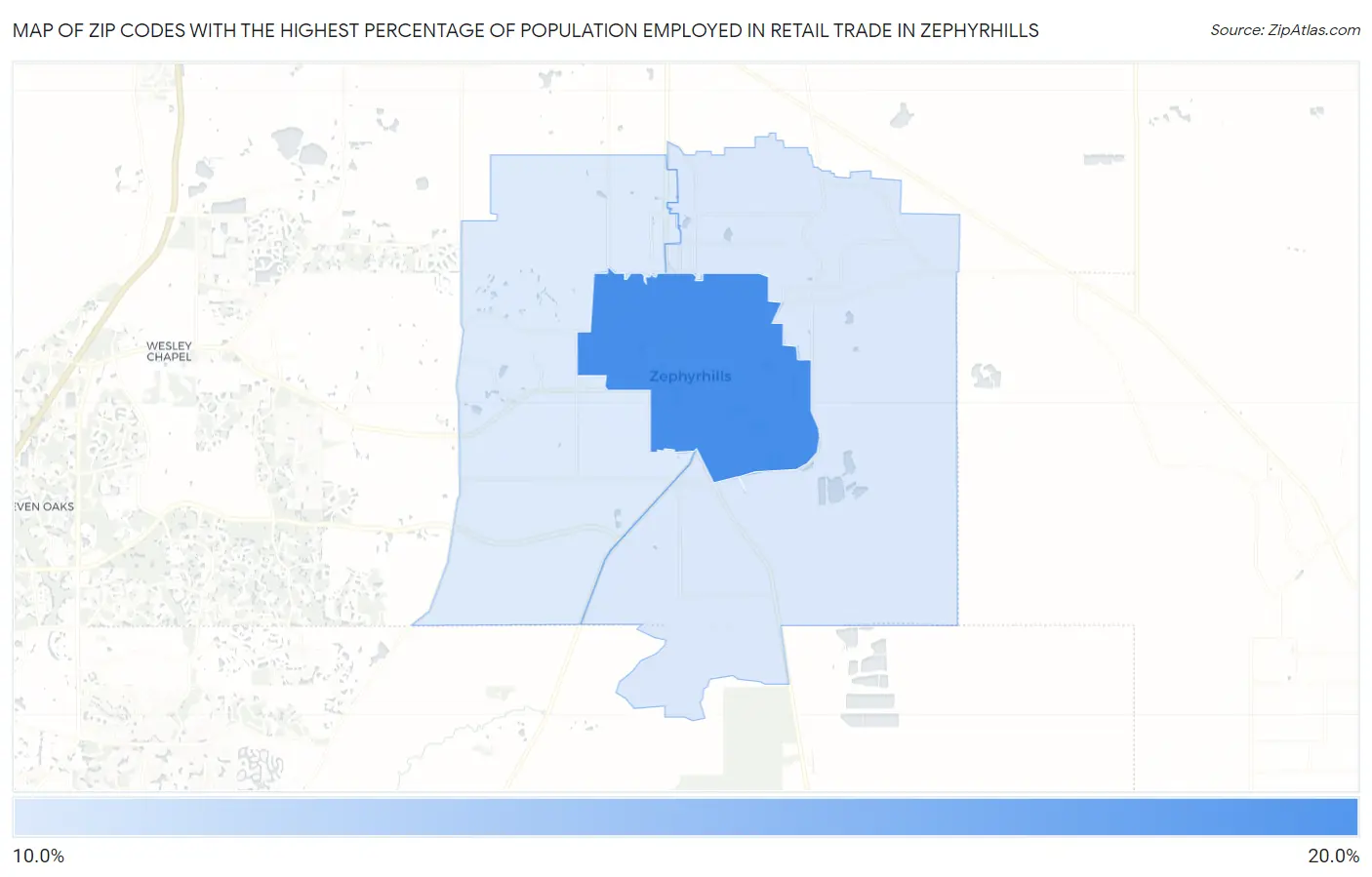 Zip Codes with the Highest Percentage of Population Employed in Retail Trade in Zephyrhills Map