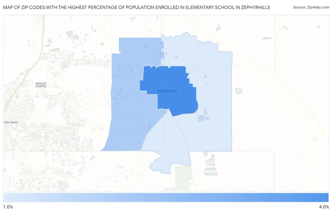 Zip Codes with the Highest Percentage of Population Enrolled in Elementary School in Zephyrhills Map