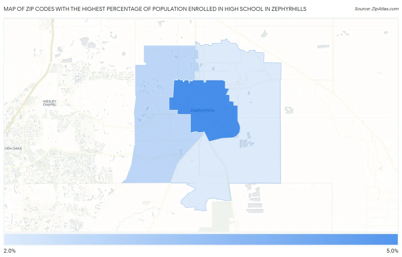 Zip Codes with the Highest Percentage of Population Enrolled in High School in Zephyrhills Map