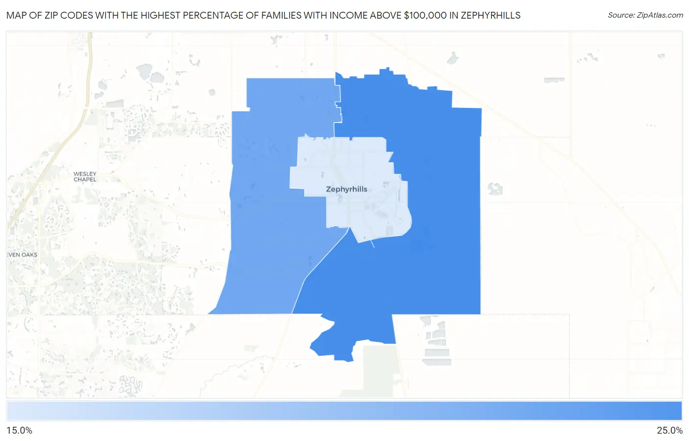 Zip Codes with the Highest Percentage of Families with Income Above $100,000 in Zephyrhills Map