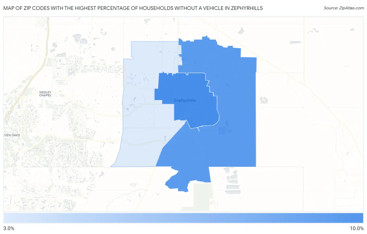 Zip Codes with the Highest Percentage of Households Without a Vehicle in Zephyrhills Map