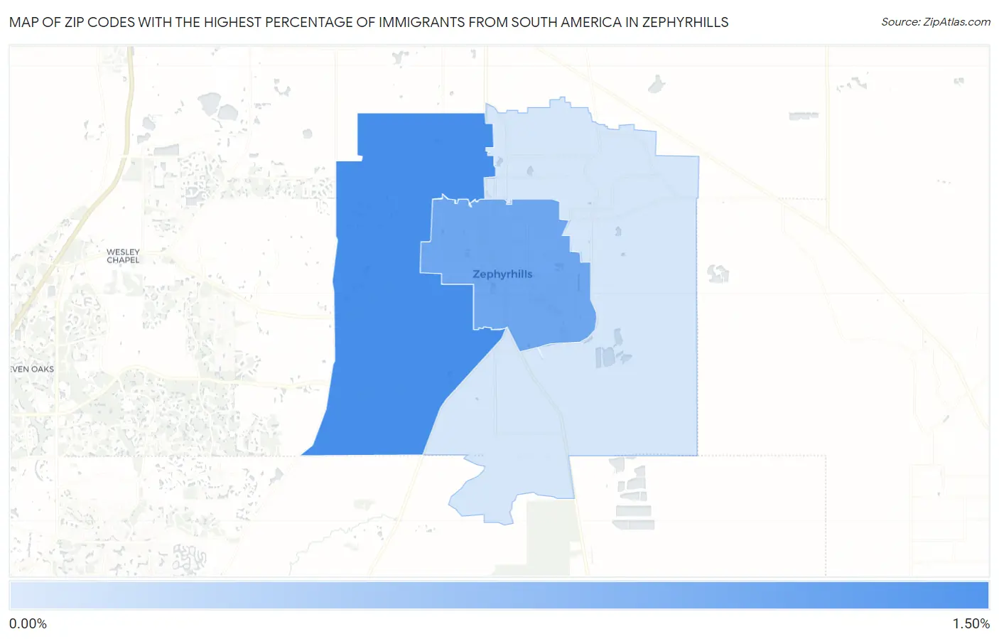 Zip Codes with the Highest Percentage of Immigrants from South America in Zephyrhills Map
