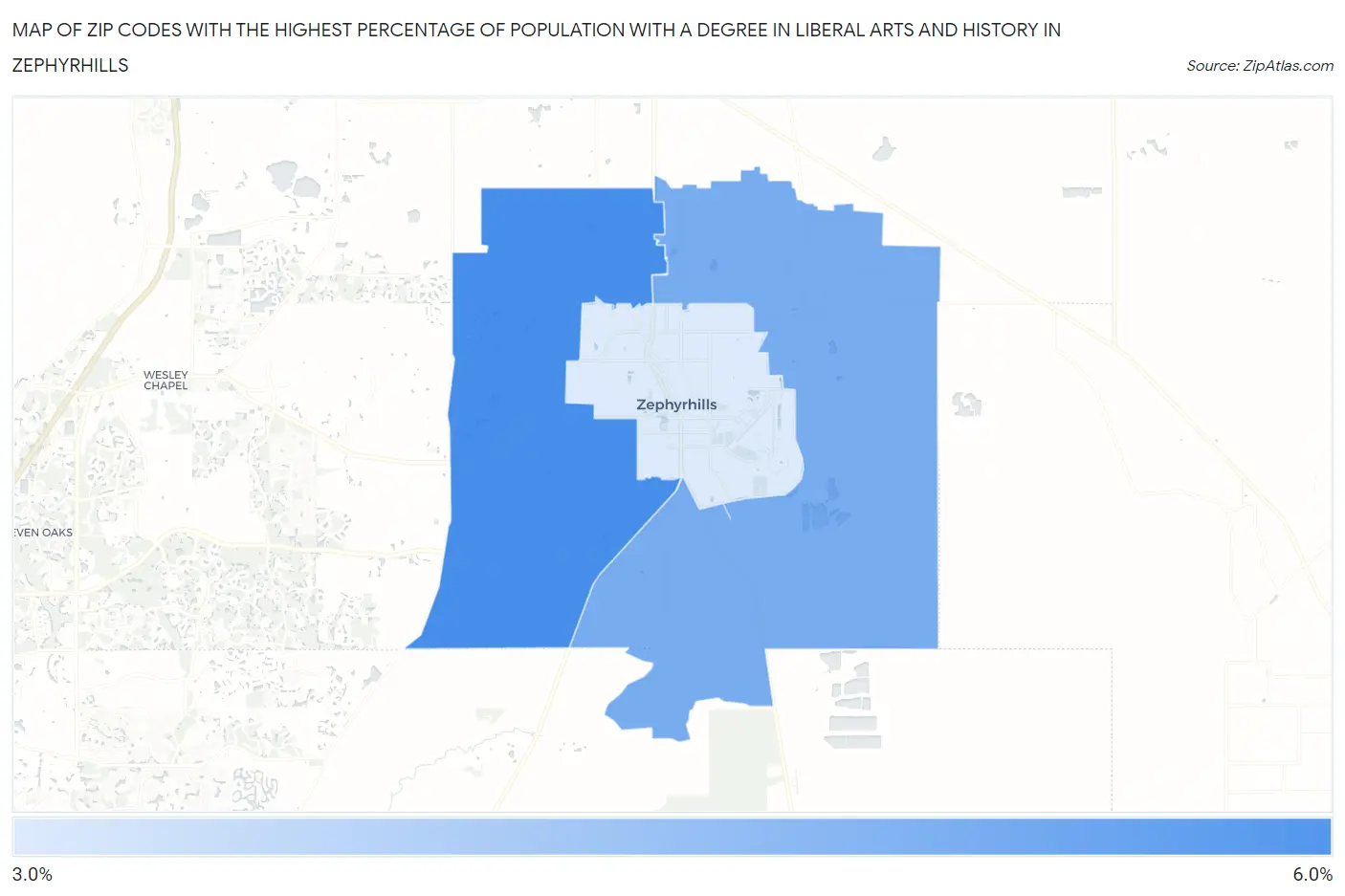 Zip Codes with the Highest Percentage of Population with a Degree in Liberal Arts and History in Zephyrhills Map