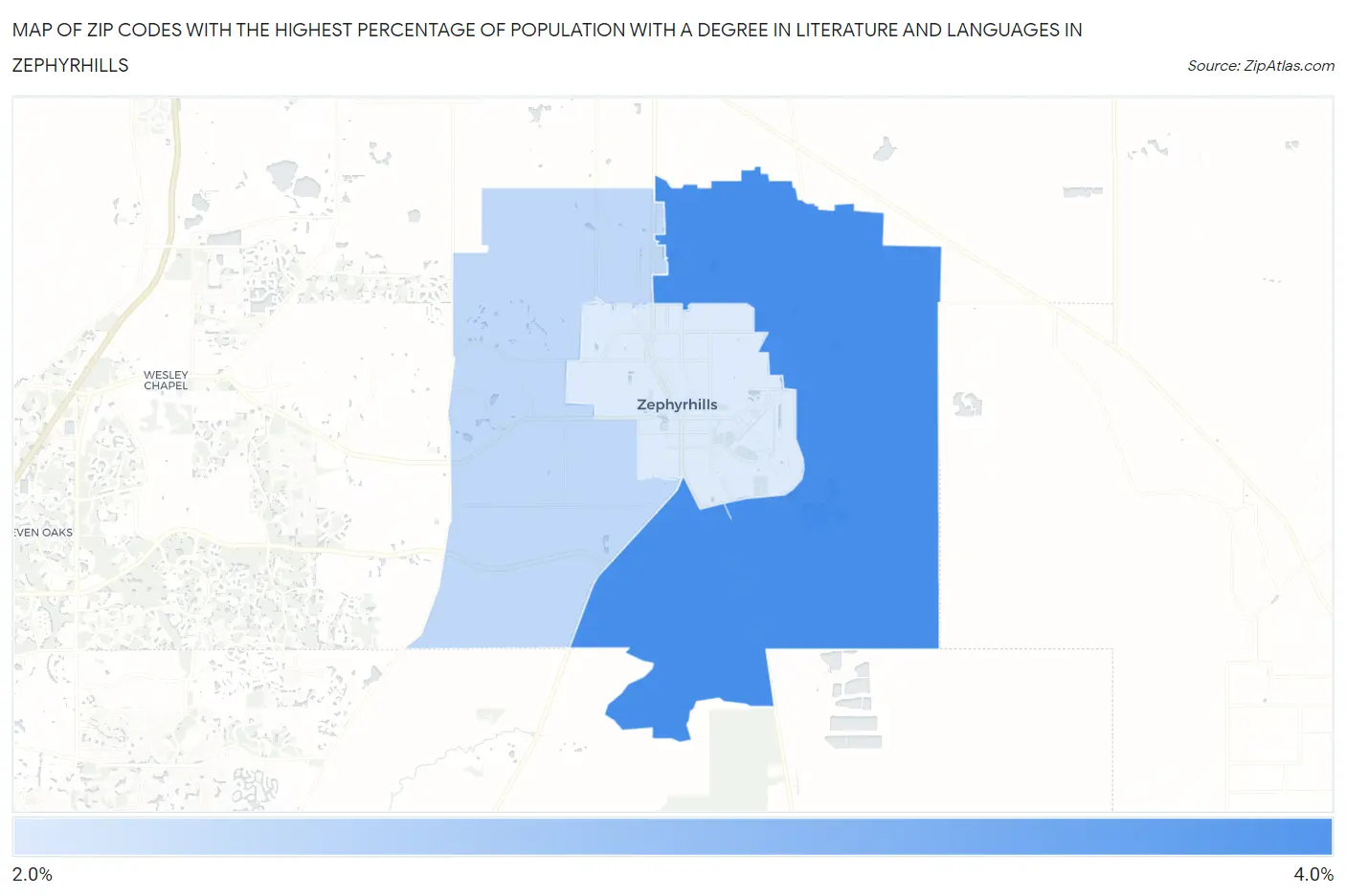 Zip Codes with the Highest Percentage of Population with a Degree in Literature and Languages in Zephyrhills Map