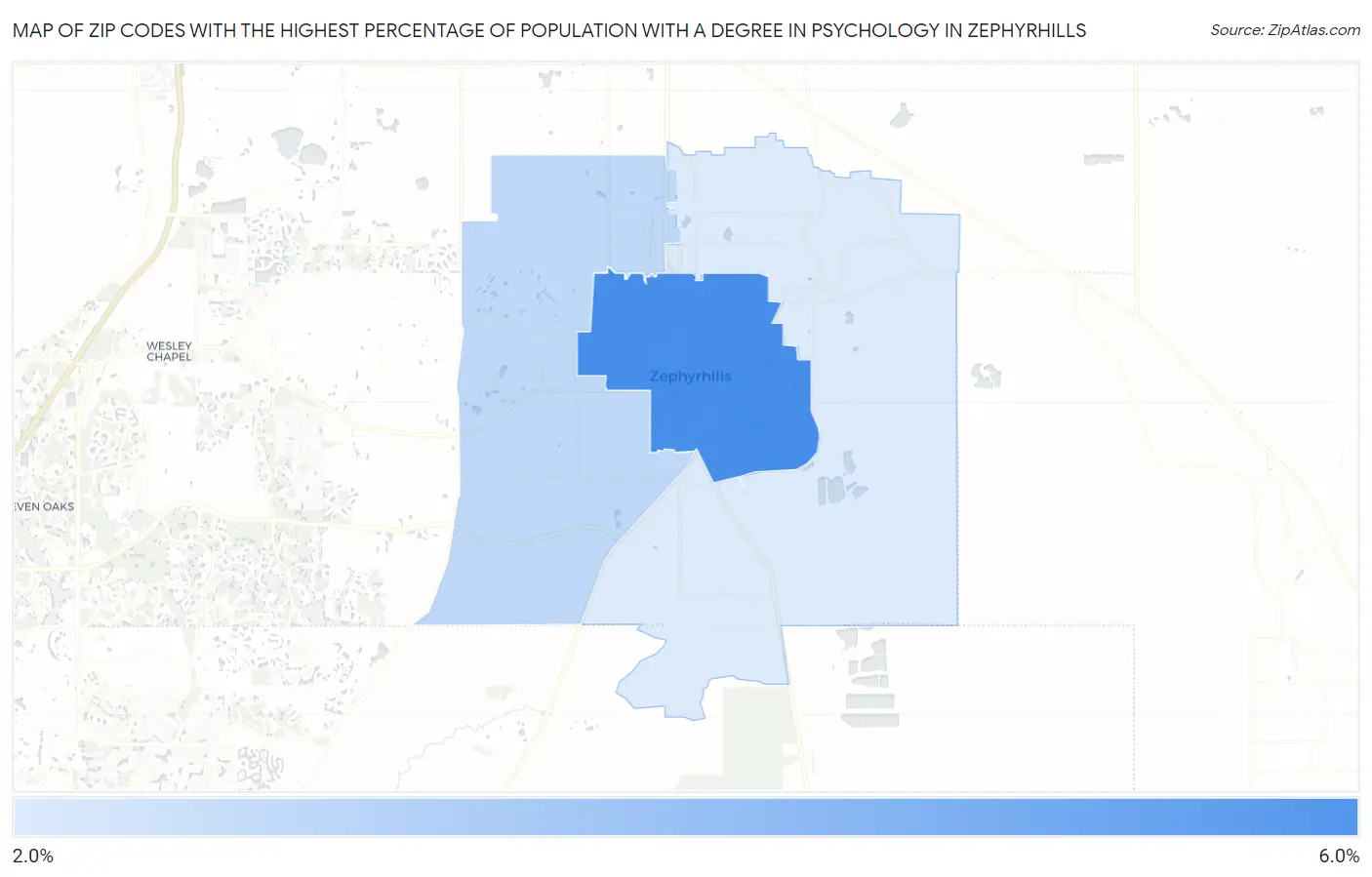 Zip Codes with the Highest Percentage of Population with a Degree in Psychology in Zephyrhills Map