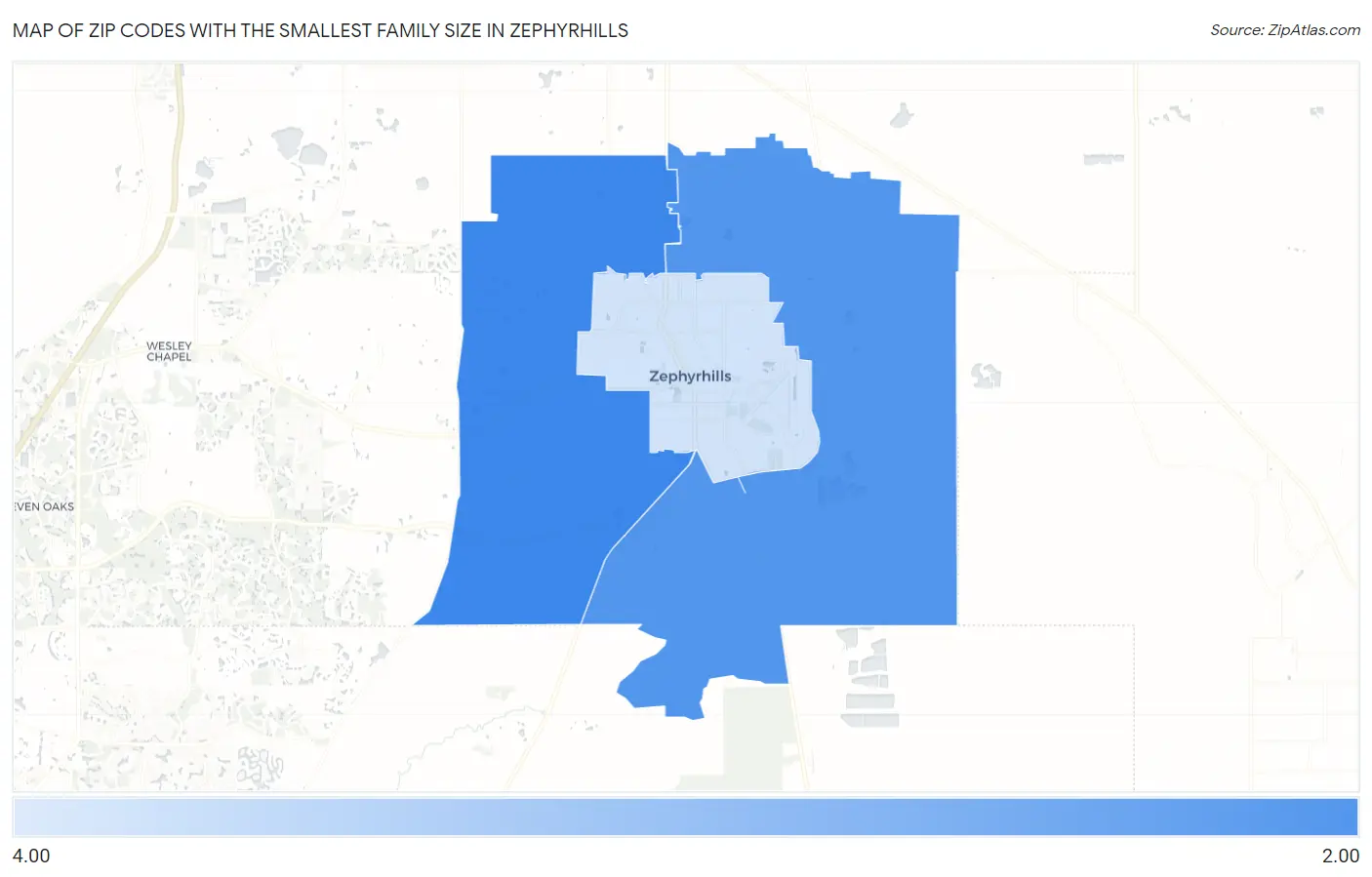 Zip Codes with the Smallest Family Size in Zephyrhills Map