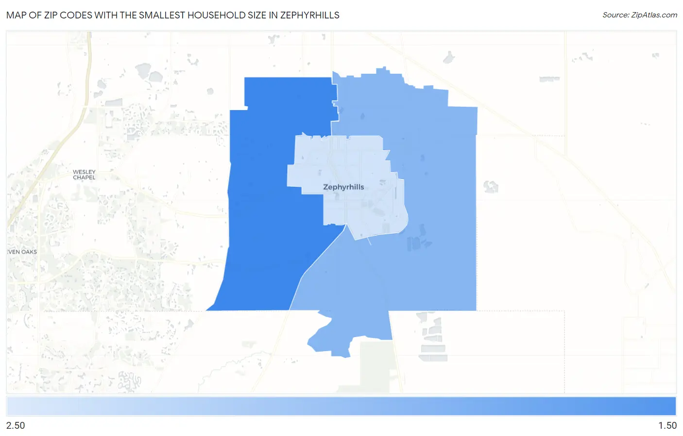 Zip Codes with the Smallest Household Size in Zephyrhills Map