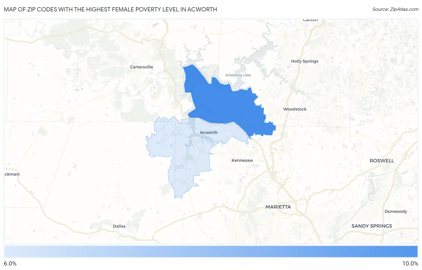 Zip Codes with the Highest Female Poverty Level in Acworth Map