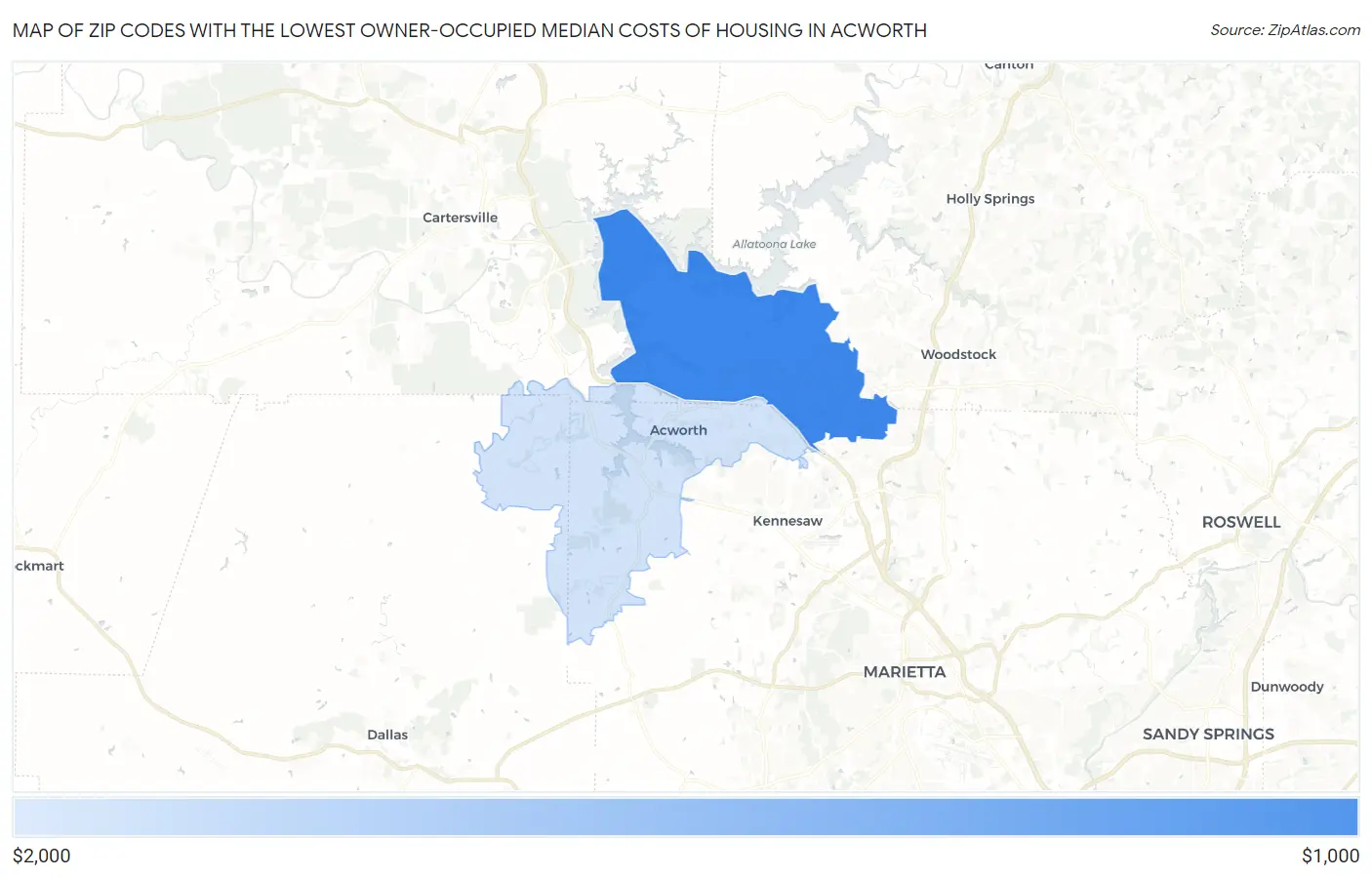 Zip Codes with the Lowest Owner-Occupied Median Costs of Housing in Acworth Map