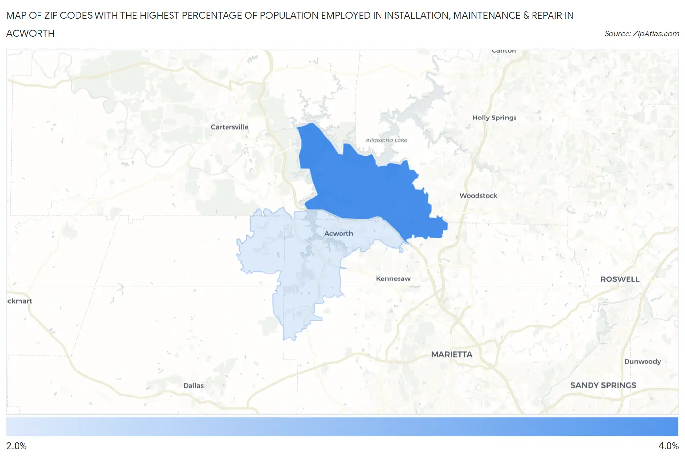 Zip Codes with the Highest Percentage of Population Employed in Installation, Maintenance & Repair in Acworth Map