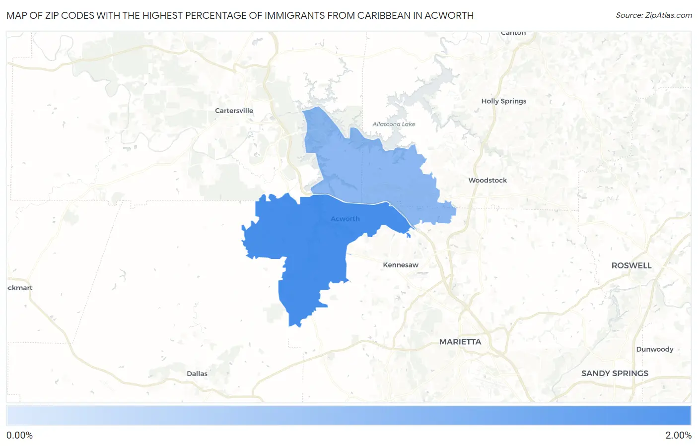 Zip Codes with the Highest Percentage of Immigrants from Caribbean in Acworth Map