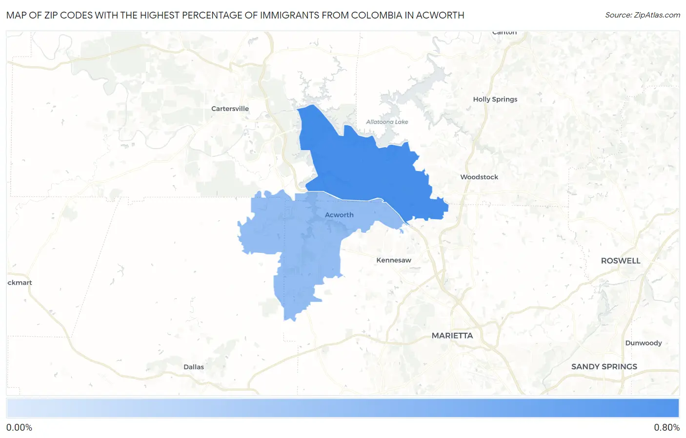 Zip Codes with the Highest Percentage of Immigrants from Colombia in Acworth Map