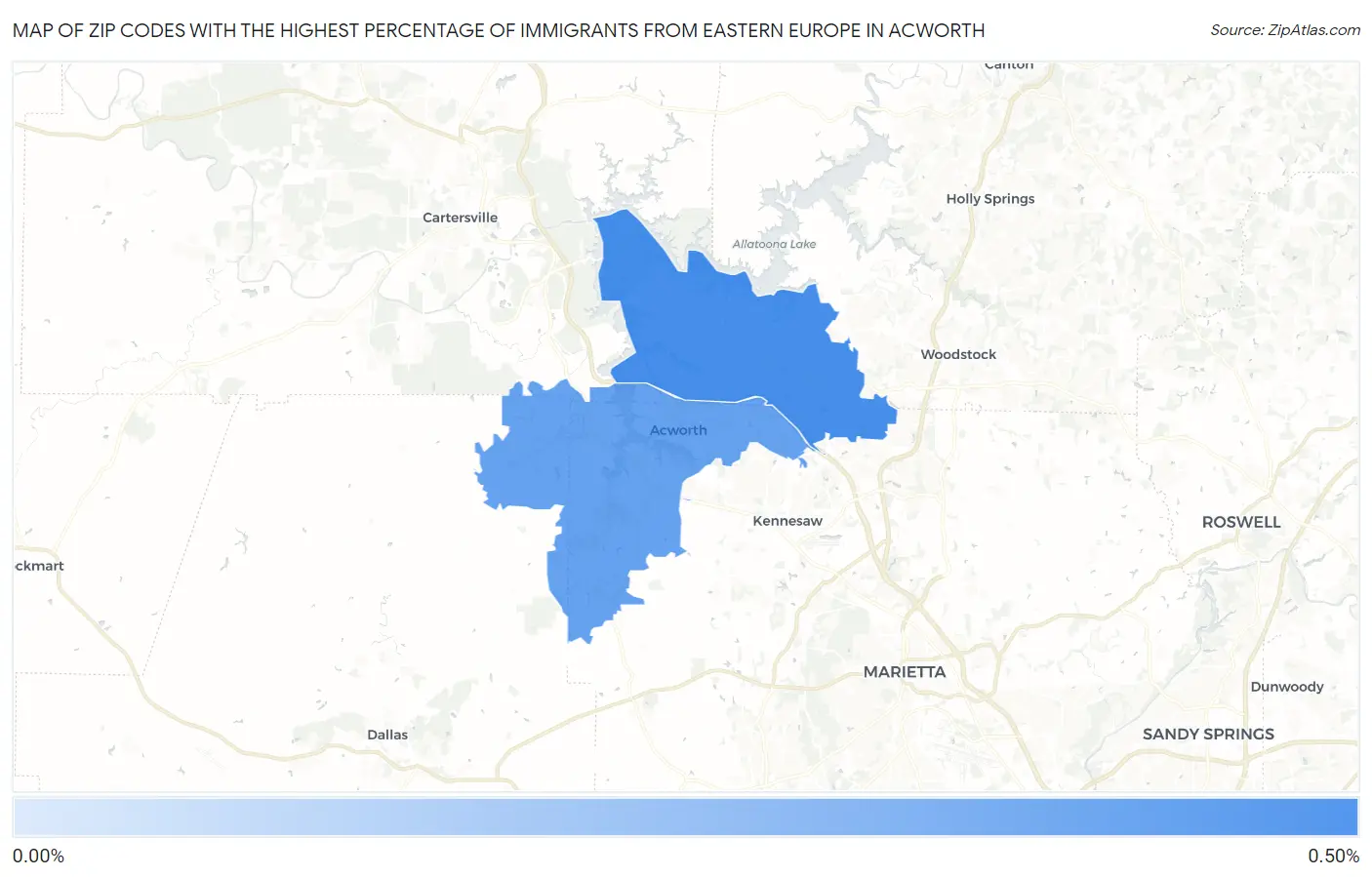 Zip Codes with the Highest Percentage of Immigrants from Eastern Europe in Acworth Map