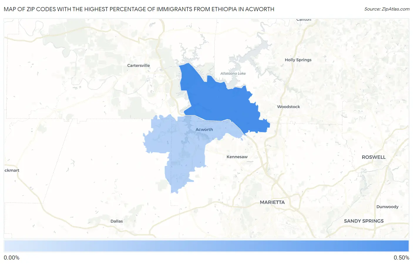 Zip Codes with the Highest Percentage of Immigrants from Ethiopia in Acworth Map